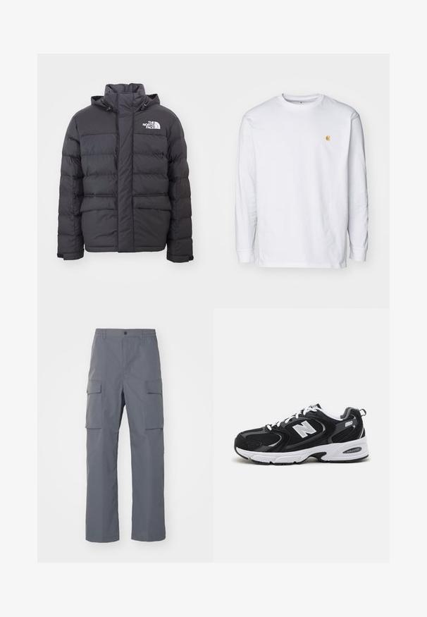 Zwarte gewatteerde jas met een hoge kraag en verstelbare capuchon, voorzien van het North Face-logo. Twee voorzakken met een gladde textuur.; Witte lange mouwen t-shirt van katoen. Voorzien van een klein gouden logo op de borst en een ronde hals. Eenvoudig ontwerp en standaard pasvorm.; Grijze cargobroek van duurzaam materiaal. Kenmerken zijn een elastische tailleband, twee grote zijzakken en een rechte pijp.; Zwarte en grijze sport schoenen met een bovenwerk van mesh en suede, voorzien van een witte tussenzool, veters en een gedurfde "N"-logo aan de zijkant.