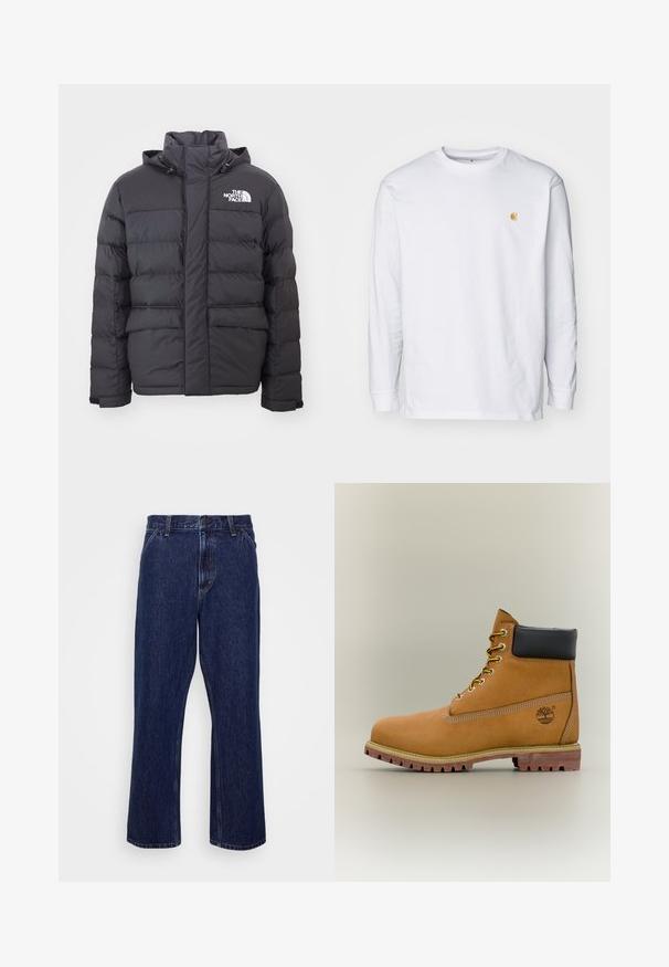 Zwarte gewatteerde jas met een hoge kraag en verstelbare capuchon, voorzien van het North Face-logo. Twee voorzakken met een gladde textuur.; Witte lange mouwen t-shirt van katoen. Voorzien van een klein gouden logo op de borst en een ronde hals. Eenvoudig ontwerp en standaard pasvorm.; Donkerblauwe denim jeans met een recht-uitlopende pasvorm, voorzien van een knoopsluiting, vijf zakken en subtiele stikseldetails.; Bruine leren enkellaars met zwarte kraag, gele veters en een zandkleurige zool. Voorzien van een logo en witte stikseldetails. Robuuste loopzool met grip.
