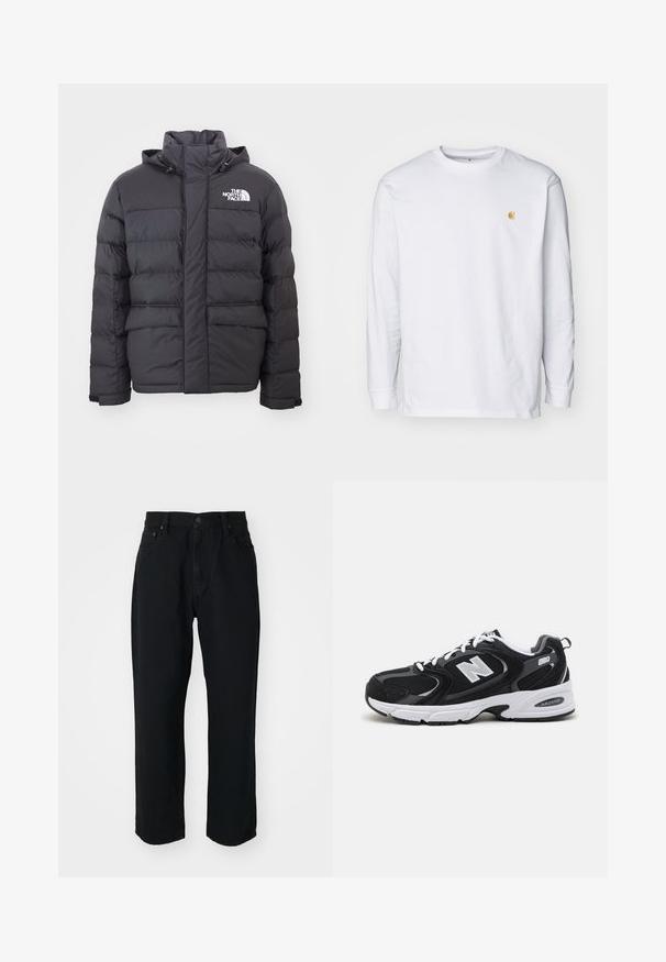Veste rembourrée noire avec un col montant et une capuche ajustable, arborant le logo North Face. Deux poches avant avec une texture lisse.; T-shirt à manches longues blanc en coton. Présente un petit logo doré sur la poitrine et un col rond. Design simple et coupe standard.; Jeans en denim noir avec une coupe droite, une texture légère, un design à cinq poches et une fermeture à bouton à la taille.; Baskets de sport noires et grises avec un tige en mesh et en suède, présentant une semelle intermédiaire blanche, des lacets et un logo "N" audacieux sur le côté.