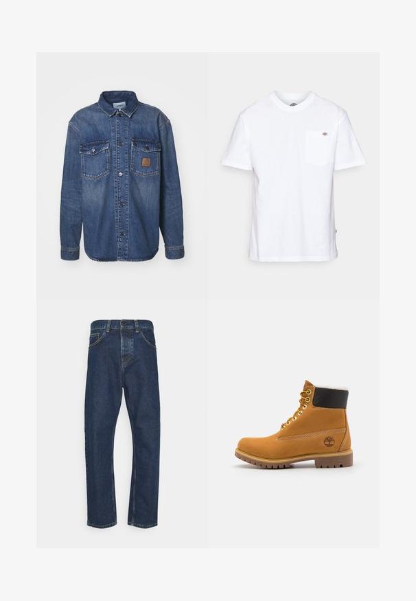 Denim overhemd met lange mouwen, middentint blauw, twee borstzakken met drukknoopjes en een bruine leren logo patch op de linkerzak.; Witte katoenen t-shirt met een ronde hals, korte mouwen en een borstzak met een klein merklogo aan de linkerkant.; Donkerblauwe rechte jeans met een sluiting met knoop en rits aan de voorkant, en zakken, weergegeven tegen een witte achtergrond.; Bruine leren enkellaars met metalen oogjes, witte faux bont voering, zwarte gewatteerde kraag, robuuste zool en een reliëflogo aan de zijkant.