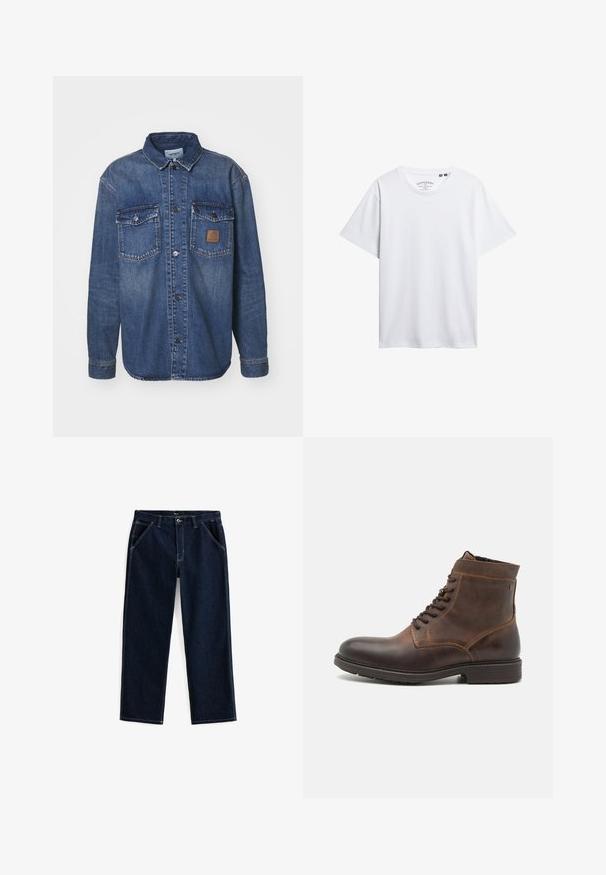 Denim overhemd met lange mouwen, middentint blauw, twee borstzakken met drukknoopjes en een bruine leren logo patch op de linkerzak.; Eenvoudig wit T-shirt met korte mouwen en ronde hals, met klein Superdry-logo gedrukt aan de binnenkant van de kraag, afgebeeld op een witte achtergrond.; Donkerblauwe denim jeans met een rechte pijp, voorzien van vijf zakken en contrasterende witte stiksels langs de naden en zakken.; Jack & Jones JFWDELANEY BOOT - Veterboots - cognac