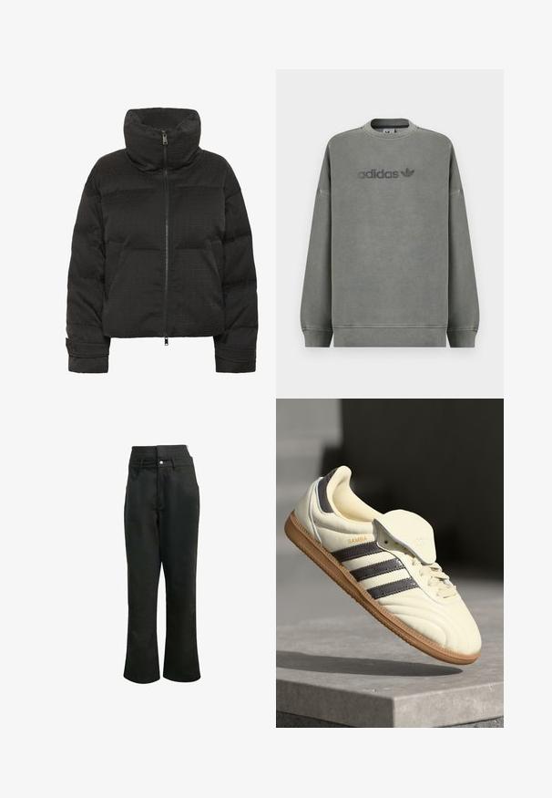 Schwarze Puffjacke mit hohem Kragen, durchgehendem Reißverschluss, gesteppter Textur und geprägtem Muster. Mit seitlichen Taschen und kürzerem Schnitt.; Grauer Sweatshirt aus weichem Stoff, mit gerippten Bündchen, Rundhalsausschnitt und einem aufgedruckten Adidas-Logo in dunklerer Farbe auf der Vorderseite.; Schwarze Hose mit entspanntem Schnitt, ausgestattet mit einem elastischen Bund, zwei Fronttaschen und einer glatten Textur ohne sichtbare Muster oder Details.; Cremfarbene Ledersneaker mit drei dunklen Streifen, einer braunen Gummisohle und einer abgerundeten Zehenpartie. Hat eine faltbare Zunge, die mit "SAMBA" beschriftet ist.