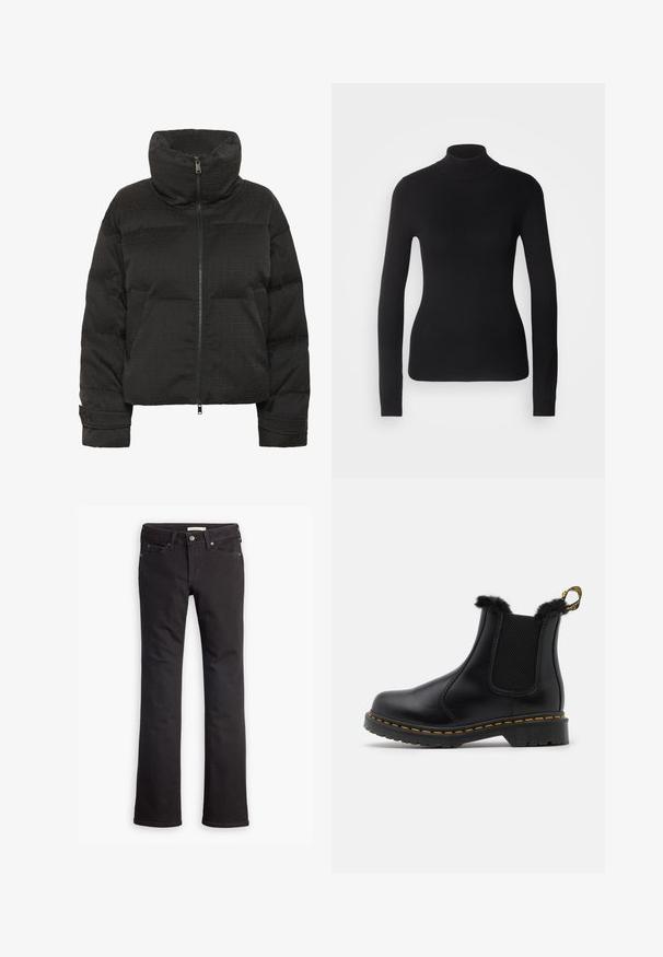 Sort oppustelig jakke med høj krave, fuld lynlås, quiltet tekstur og prægede mønster overalt. Har sidelommer og en kortet pasform.; Sort turtleneck sweater lavet af let strikket stof. Har lange ærmer, et tætsiddende design og en blød ribbet tekstur.; Sorte jeans lavet af denim, med lige ben-design, standard talje, fem lommer og diskrete syninger.; Sorte læder ankelstøvler med teksturerede elastiske sidepaneler, pelsbesætning øverst, gule sømme og en robust gummisål.
