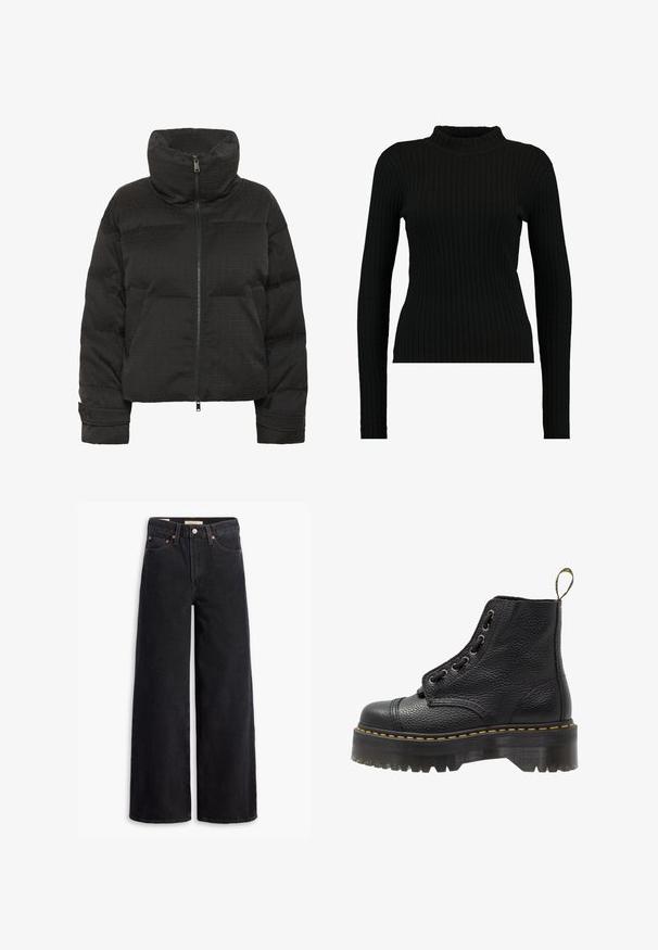 Zwarte pufferjack met hoge kraag, volledige ritssluiting, gequilte textuur en reliëf patroon. Beschikt over zijzakken en heeft een cropped pasvorm.; EDITED JANNICE JUMPER - Trui - black; Zwarte brede jeans gemaakt van denim, met vijf zakken, koperen klinknagels en een klassieke knoopsluiting. Glad van textuur met een strakke uitstraling.; Zwarte leren enkelboot met een gestructureerd oppervlak, ronde neus, vetersluiting, gele stiksels en een dikke, geribbelde zwarte plateauzool.