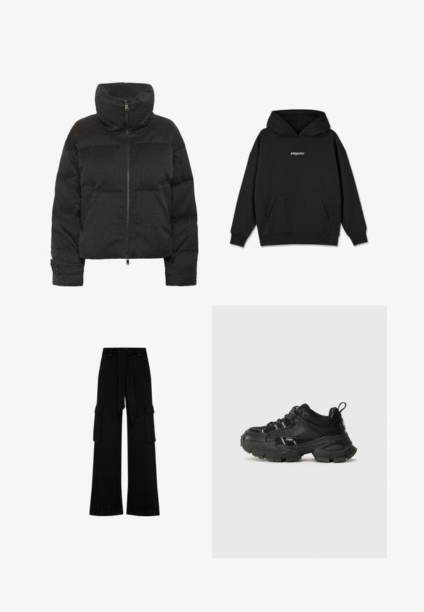 Zwarte pufferjack met hoge kraag, volledige ritssluiting, gequilte textuur en reliëf patroon. Beschikt over zijzakken en heeft een cropped pasvorm.; Zwarte hoodie met een voorzak, ribgebreide manchetten en onderrand. Kenmerkt zich door een wit "pegador"-logo op de borst. Gemaakt van zachte stof.; Zwarte wijde cargo-broek met zijzakken, stoffen riem en een gladde textuur. Heeft een relaxed fit en geen zichtbare hardware.; Zwarte sportschoenen met een mix van mesh en synthetisch leer, dikke rubberen zool, gestructureerde accenten en een trekband aan de hiel.