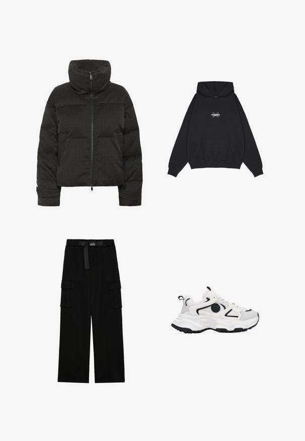 Chaqueta acolchada negra con cuello alto, cremallera completa, textura acolchada y patrón en relieve en todo su diseño. Incluye bolsillos laterales y un ajuste corto.; Pegador BELLY OVERSIZED HOODIE - Jersey con capucha - washed black; Pantalones cargo negros con un diseño de pierna ancha, cinturilla elástica con un cinturón y dos grandes bolsillos laterales para almacenamiento.; Bosanova Zapatillas - blanco