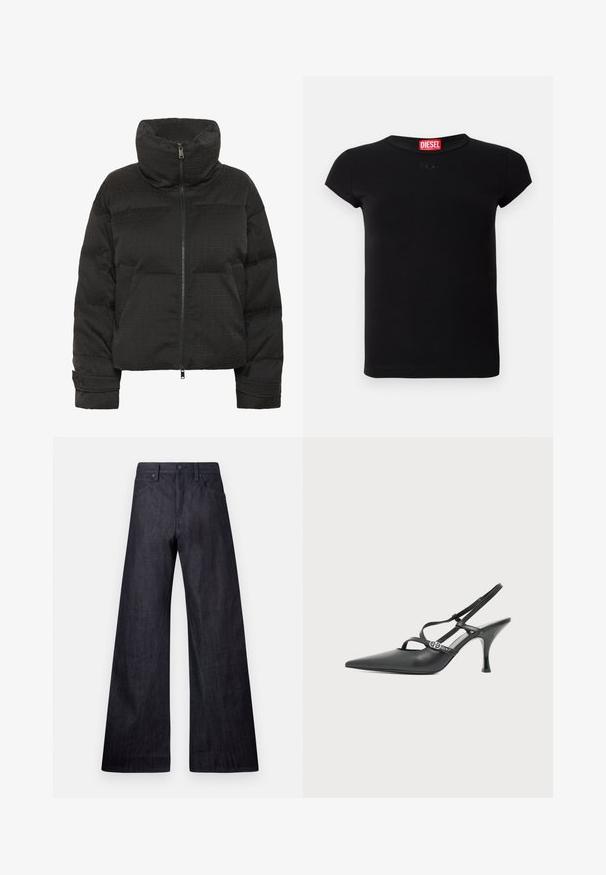 Schwarze Puffjacke mit hohem Kragen, durchgehendem Reißverschluss, gesteppter Textur und geprägtem Muster. Mit seitlichen Taschen und kürzerem Schnitt.; Schwarzes, tailliertes Kurzarm-T-Shirt mit Rundhalsausschnitt und rotem Diesel-Logo-Tag im Kragen.; Weite dunkelblaue Jeans mit glatter Textur, traditionellem Fünf-Taschen-Design und einem dezenten Glanz, ausgestattet mit einem Knopfverschluss.; Schwarzer Leder High-Heel Slingback-Schuh mit spitzer Zehenpartie, dünnen Riemen und kleiner silberner Schnalle auf schlichtem weißem Hintergrund.