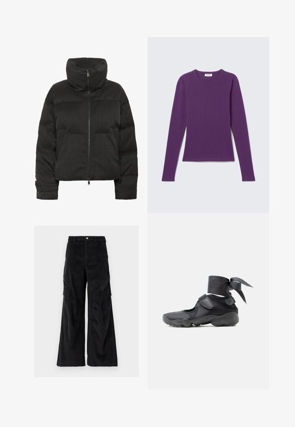 Sort oppustelig jakke med høj krave, fuld lynlås, quiltet tekstur og prægede mønster overalt. Har sidelommer og en kortet pasform.; Lilla langærmet T-shirt med rund hals, slim fit, ensfarvet design med synligt mærke i nakken på en lys grå baggrund.; Sorte kordfløjl cargo bukser med bred bendesign, der har teksturerede lodrette ribber, sidelommer og knaplukning i taljen.; Sort atletiksko med udskæringer, velcrolukninger og ankelrem bundet i en sløjfe, vist fra siden på en hvid baggrund.