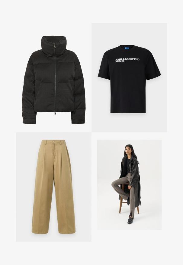 Sort oppustelig jakke med høj krave, fuld lynlås, quiltet tekstur og prægede mønster overalt. Har sidelommer og en kortet pasform.; Sort bomuld T-shirt med korte ærmer, med "KARL LAGERFELD JEANS" trykt med store hvide bogstaver over forsiden.; Khaki viddebenede bukser lavet af bomuldsblandingsstof, med flad front og læg, knaplukning og en glat overflade.; Sort læder trench coat med knapper og bælte detalje, parret med lysebrune tætsiddende bukser og sorte loafers, siddende på en træstol.