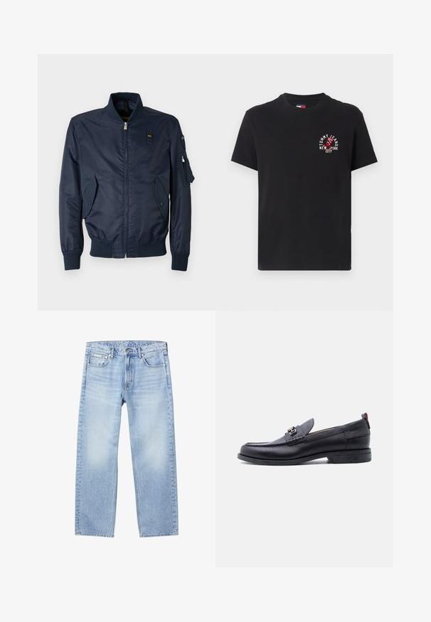 Chaqueta bomber de marina con cierre de cremallera, puños acanalados, dos bolsillos frontales inclinados y un bolsillo de utilidad en la manga izquierda. Acabado textil suave.; Camiseta de algodón negra con mangas cortas, cuello redondo, con un estampado gráfico en rojo y blanco que dice "TOMMY JEANS NEW YORK CITY."; Vaqueros de mezclilla azul claro de pierna recta con bolsillos delanteros, trabillas para cinturón, cierre de botones y una pequeña etiqueta de Calvin Klein en el bolsillo delantero derecho.; Mocasín de cuero negro con empeine gris texturizado, detalle de hebilla metálica plateada, tacón bajo y lengüeta para tirar en la parte trasera.