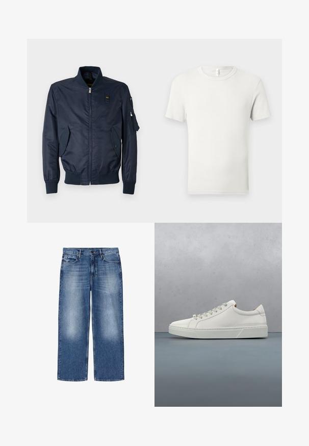 Marine bomberjack met ritsluiting, ribgebreide manchetten, twee schuine voorzakken en een utilityzak op de linker mouw. Glad textile afwerking.; Effen witte korte mouw T-shirt met ronde hals plat gelegd op een lichtgrijze achtergrond met een klein stoffen label bij de kraag.; Blauw vervaagde rechte spijkerbroek met vijf zakken en knoopsluiting, plat liggend afgebeeld op een witte achtergrond.; Witte leren sneaker met een ronde neus, minimalistisch ontwerp, grijze veters en een gestructureerde grijze rubberen zool. Fijne stikdetails zichtbaar.