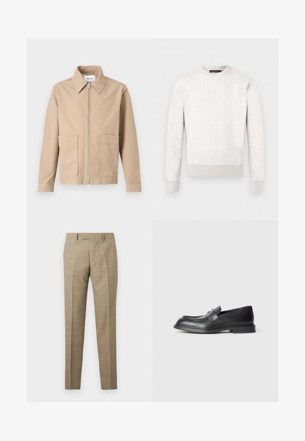 Veste beige à fermeture éclair avec col pointu, manches longues et deux poches avant, présentée sur un fond uni.; Pull blanc à manches longues avec col rond, motif en relief subtil, poignets et ourlet côtelés, posé à plat sur un fond blanc.; Pantalon sur mesure beige avec passants pour ceinture, pli avant et coupe droite ajustée, présenté sur un fond clair uni.; Mocassins en cuir noir avec une finition texturée, dotés d'une bride décorative à l'avant et d'un bout arrondi. Semelle en caoutchouc pour plus de durabilité.