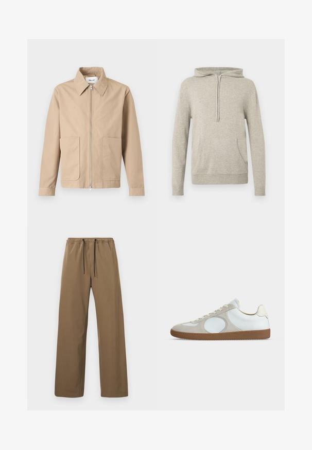 Veste beige à fermeture éclair avec col pointu, manches longues et deux poches avant, présentée sur un fond uni.; Haut à capuche gris clair avec cordon de serrage, poche frontale, poignets et ourlet côtelés. Fabriqué à partir d'un tissu doux et texturé. Design simple, sans motifs.; Pantalon marron à coupe droite avec taille élastique et cordons noirs, présenté sur un fond clair uni.; Baskets décontractées à profil bas avec tige en cuir blanc, accents en daim beige clair, bout rond, lacets blancs et semelle en gomme.