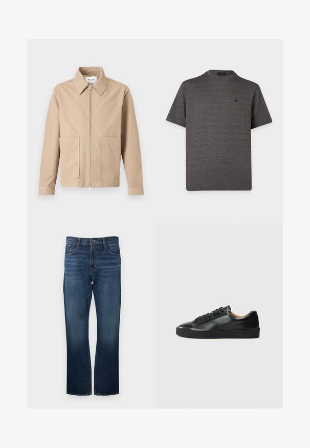 Veste beige à fermeture éclair avec col pointu, manches longues et deux poches avant, présentée sur un fond uni.; T-shirt en maille texturée gris foncé à manches courtes, col rond et petit logo noir sur la poitrine gauche sur fond blanc.; Jean en denim bleu foncé avec une coupe droite, présentant des coutures visibles et une ceinture standard avec une fermeture à bouton en métal.; Baskets en cuir noir avec une texture lisse, bout rond et fermeture à lacets. Comprend une semelle en caoutchouc épaisse et un minimum de détails de marque.