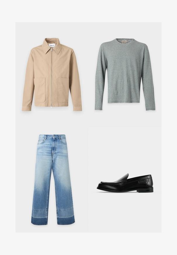 Veste beige à fermeture éclair avec col pointu, manches longues et deux poches avant, présentée sur un fond uni.; T-shirt à manches longues avec col rond et fines rayures horizontales noires et blanches, présenté à plat sur un fond clair.; Jean en denim bleu clair à coupe large avec des détails délavés et des blocs de couleur plus foncés près de l'ourlet, bouton devant et poches visibles.; Mocassin noir en cuir à enfiler avec un petit talon, un bout arrondi et des surpiqûres décoratives le long du bord supérieur.