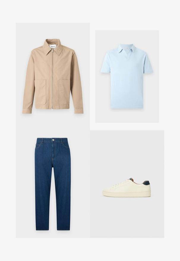 Veste beige à fermeture éclair avec col pointu, manches longues et deux poches avant, présentée sur un fond uni.; Polo bleu clair à manches courtes avec un col et une encoche en V au niveau de l'encolure, présenté sur un fond blanc uni.; Jean droit en denim bleu foncé avec bouton et fermeture éclair à l'avant, design à cinq poches et coutures visibles à la taille et sur les poches.; Sneakers en cuir blanc avec une surface texturée, une pointe arrondie et un accent de talon bleu marine. Présente des coutures sur les côtés et une semelle texturée.