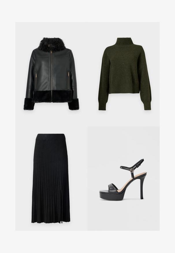 Veste en cuir noir avec un col et des poignets en fausse fourrure, avec une fermeture éclair et deux poches avant zippées. Texture de surface lisse.; Pull court vert olive avec un col haut et des manches longues et amples. Fabriqué en matériau doux avec une texture légèrement duveteuse.; Jupe midi plissée noire avec ceinture côtelée, présentant un tissu texturé, une fente latérale et des lignes verticales sur l'ensemble du design.; Sandales à plateforme noires avec un talon haut stilettos, dotées d'une tige en cuir lisse, d'un bout ouvert et d'une bride de cheville ajustable avec ferrures.