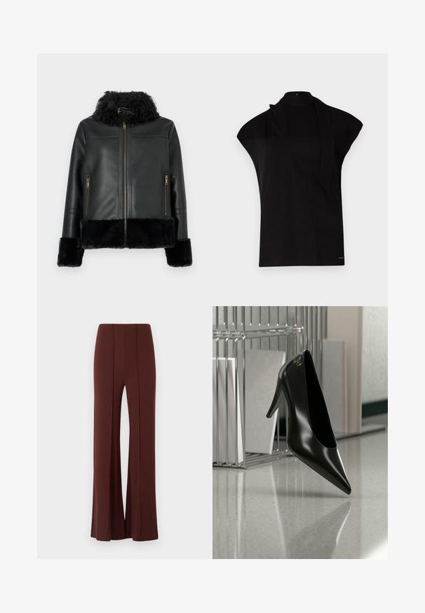 Veste en cuir noir avec un col et des poignets en fausse fourrure, avec une fermeture éclair et deux poches avant zippées. Texture de surface lisse.; Top noir à col montant avec manches courtes, présentant un design asymétrique et une longue cravate. Fabriqué en tissu lisse au look minimaliste.; Pantalons large marron à taille haute, en tissu lisse avec des coutures verticales à l'avant et un ourlet propre.; Chaussure noire à talon haut avec bout pointu et logo doré, posée sur une surface réfléchissante près d'un organiseur de dossiers en fil chromé contenant des documents.