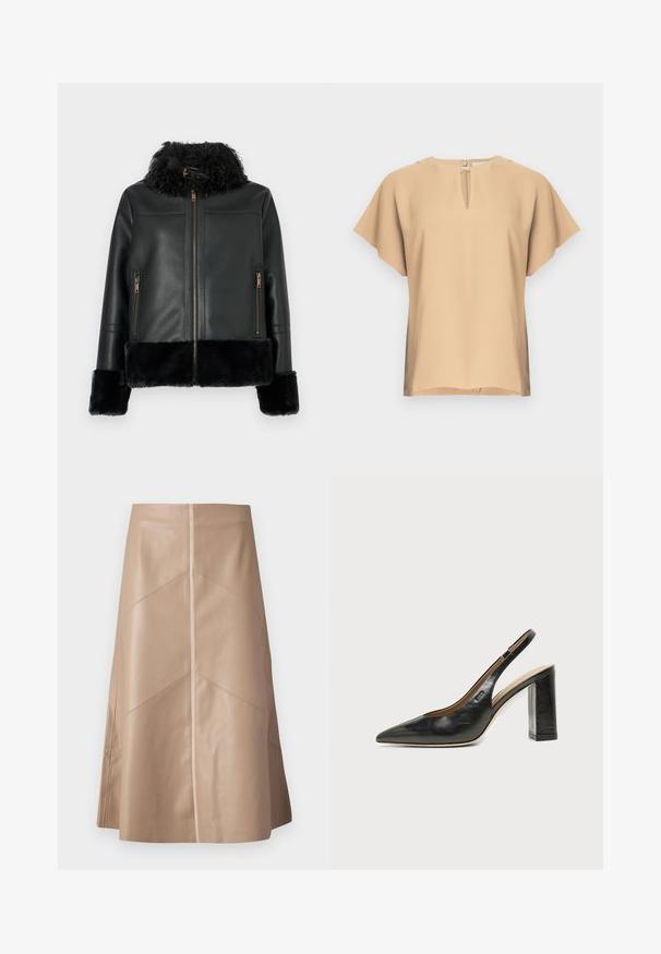 Veste en cuir noir avec un col et des poignets en fausse fourrure, avec une fermeture éclair et deux poches avant zippées. Texture de surface lisse.; Blouse beige avec un col en forme de goutte et des manches courtes et larges. Tissu lisse avec une coupe décontractée et un ourlet droit. Design minimaliste.; Jupe A-line en simili cuir beige avec des détails de panneaux subtils et une finition mate lisse, longueur genou et taille haute.; Chaussure slingback en cuir noir à bout pointu avec un talon bloc haut et une doublure intérieure beige sur un fond clair uni.