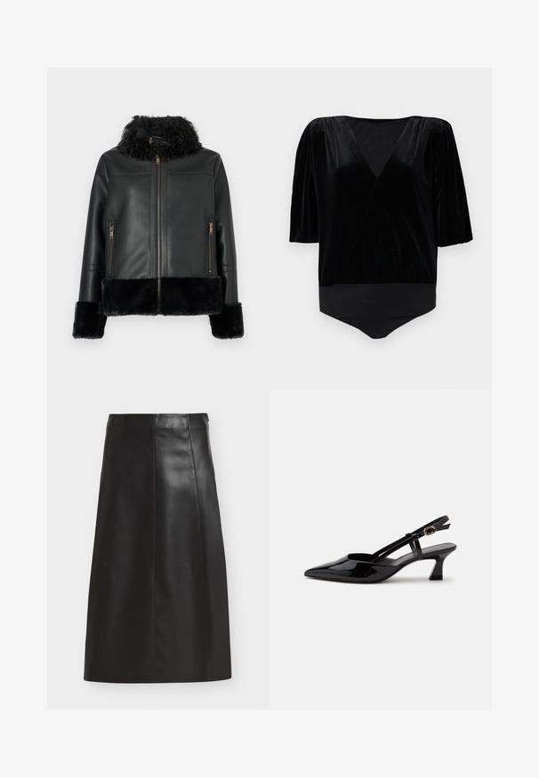 Veste en cuir noir avec un col et des poignets en fausse fourrure, avec une fermeture éclair et deux poches avant zippées. Texture de surface lisse.; Body en velours noir avec un décolleté en V plongeant, des manches courtes bouffantes et un bas ajusté. Texture lisse et design élégant avec effet drapé.; Jupe midi noire en ligne A avec détails de panneaux cousus et fermeture éclair latérale, présentée sur un fond blanc.; Chaussure slingback en cuir verni noir à petit talon, bout pointu et bride réglable avec boucle dorée sur fond blanc.