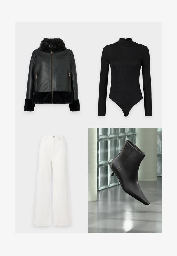 Chaqueta de cuero negro con cuello y puños de piel sintética, con cierre de cremallera y dos bolsillos frontales con cremallera. Textura de superficie lisa.; Bodysuit negro de manga larga con cuello alto y textura sutil. Presenta un zipper en la parte posterior y un diseño de tanga en la parte inferior.; Jeans de mezclilla de cintura alta y pierna ancha en color blanco. Cuenta con bolsillos delanteros, un cierre de botón y detalles de dobladillo deshilachado.; Bota de cuero negro para el tobillo con puntera puntiaguda y tacón pequeño, exhibida frente a una pared de bloques de vidrio y un suelo pulido.
