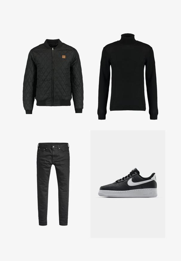 Veste bomber matelassée noire avec fermeture zippée, poignets et ourlet côtelés, et une petite pièce en cuir marron sur la poitrine.; Pull à col roulé noir en tricot lisse, avec des manches longues et une silhouette ajustée. Poignets et ourlet côtelés.; Jeans noirs slim-fit avec poches avant, passants de ceinture, et fermeture à bouton, présentés sur un fond blanc.; Baskets en cuir noir avec surface texturée, swoosh Nike blanc, semelle grise, bout rond et design à lacets. Comprend des perforations sur la boîte à orteils.