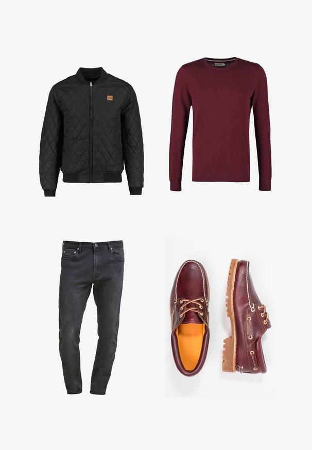Veste bomber matelassée noire avec fermeture zippée, poignets et ourlet côtelés, et une petite pièce en cuir marron sur la poitrine.; Pull en jersey bordeaux avec un col rond, fabriqué en tissu lisse, doté de manches longues et de poignets et ourlet côtelés pour une texture supplémentaire.; Jean en denim noir slim-fit avec design à cinq poches, fermeture éclair et décoloration subtile. Texture lisse avec une finition en dégradé foncé.; Chaussures en cuir bourgogne avec semelles en caoutchouc marron, bout rond, couture blanche et œillets dorés. L'intérieur présente une doublure jaune.