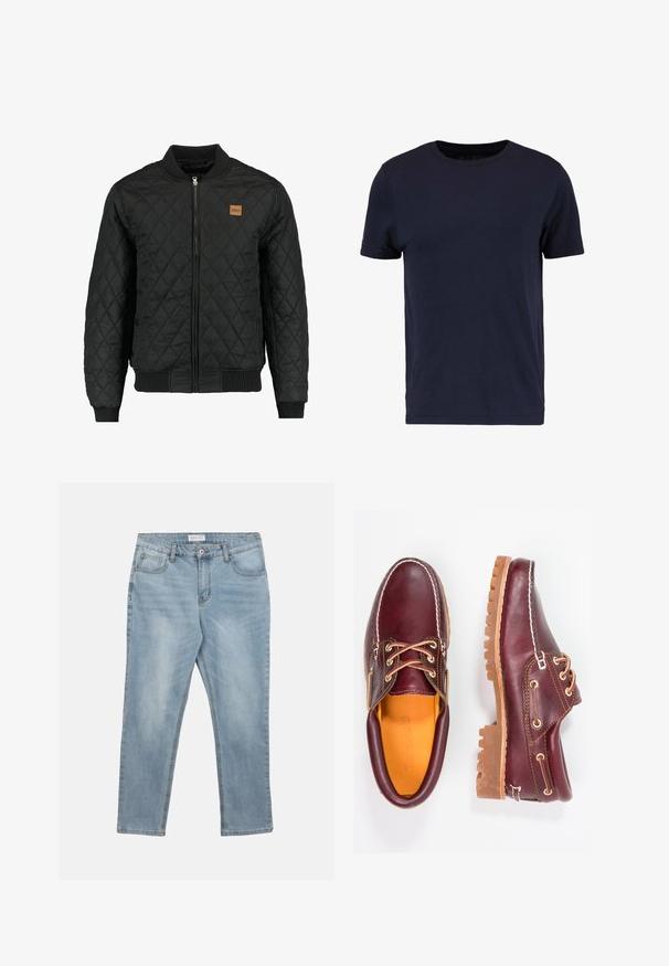 Veste bomber matelassée noire avec fermeture zippée, poignets et ourlet côtelés, et une petite pièce en cuir marron sur la poitrine.; Pier One by Zalando T-shirt basique - dark blue; Jean en denim bleu clair avec bouton et fermeture éclair à l'avant, passants pour ceinture et cinq poches, posé à plat sur un fond blanc.; Chaussures en cuir bourgogne avec semelles en caoutchouc marron, bout rond, couture blanche et œillets dorés. L'intérieur présente une doublure jaune.