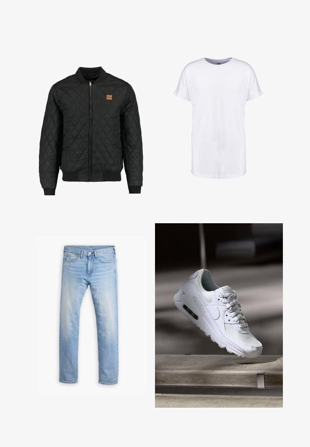 Zwarte gewatteerde bomberjack met een ritsluiting, ribgebreide mouwen en zoom, en een klein bruin logo-opdruk op de borst.; Witte katoenen t-shirt met korte mouwen, ronde halslijn en een comfortabele pasvorm. Glad textuur en geen zichtbare patronen of ontwerpen.; Lichtblauwe denim jeans met een rechte pijp, vijf zakken en een knoopsluiting. Kenmerkt zich door subtiele vervaging en oranje stikselaccenten.; Witte Nike Air Max 90 sneaker met een bovenwerk van mesh en leer, een geperforeerde teenbox en een zichtbare luchtunit in de hiel.