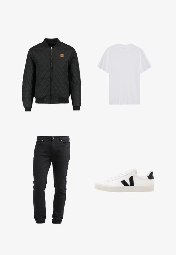 Zwarte gewatteerde bomberjack met een ritsluiting, ribgebreide mouwen en zoom, en een klein bruin logo-opdruk op de borst.; Witte katoenen T-shirt met korte mouwen, een ronde hals en een gladde textuur. Heeft minimale branding op de halslijn.; Zwarte slim-fit jeans met knoop- en ritssluiting, vijf zakken en elastische boorden bij de enkels.; Witte leren sneaker met zwarte suède accenten; voorzien van een rubberen zool, ronde neus en een klassieke vetersluiting. Zijkant met logo in het zwart.