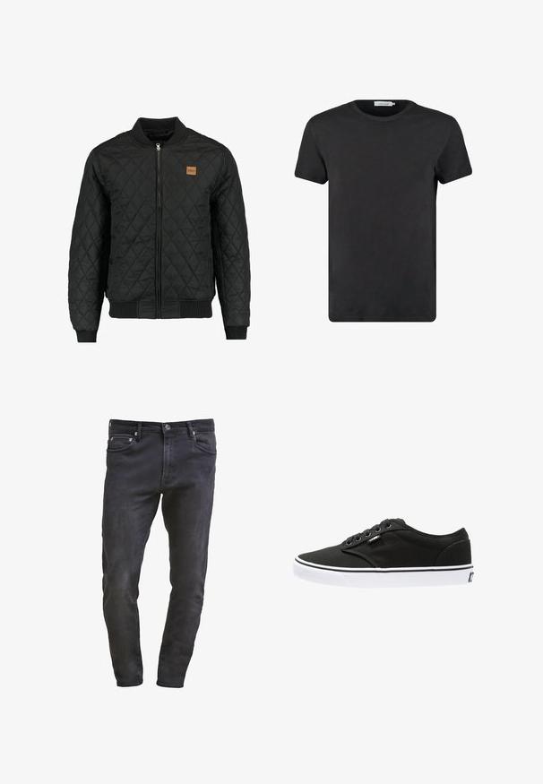 Chaqueta bomber negra acolchada con cierre de cremallera, puños y dobladillo acanalados, y un pequeño parche de logo marrón en el pecho.; Camiseta de algodón negra con cuello redondo y mangas cortas. La tela tiene una textura suave y no presenta patrones ni adornos. Corte regular.; Jeans de mezclilla negros de corte slim, con diseño de cinco bolsillos, cierre de cremallera y un sutil acabado de desgaste. Textura suave con un acabado de lavado oscuro.; Zapatillas de lona negras con suelas de goma blancas, punta redondeada, cinco ojales, branding mínimo y costuras en blanco y negro.