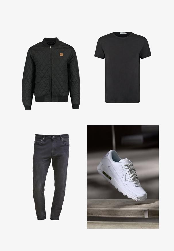 Chaqueta bomber negra acolchada con cierre de cremallera, puños y dobladillo acanalados, y un pequeño parche de logo marrón en el pecho.; Camiseta de algodón negra con cuello redondo y mangas cortas. La tela tiene una textura suave y no presenta patrones ni adornos. Corte regular.; Jeans de mezclilla negros de corte slim, con diseño de cinco bolsillos, cierre de cremallera y un sutil acabado de desgaste. Textura suave con un acabado de lavado oscuro.; Zapatilla blanca de piel con superficies texturizadas, cuello acolchado y amortiguación de aire visible en la suela. Presenta cordones y un diseño minimalista.