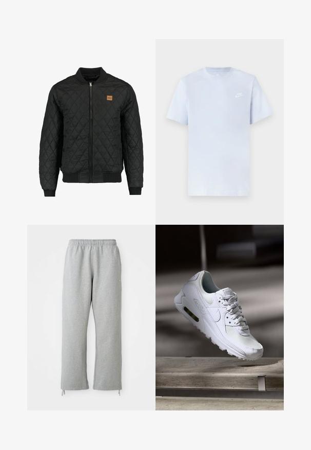 Chaqueta bomber negra acolchada con cierre de cremallera, puños y dobladillo acanalados, y un pequeño parche de logo marrón en el pecho.; Camiseta de algodón de color azul claro con mangas cortas, cuello redondo y un logo blanco de Nike impreso en el pecho izquierdo. Textura suave, diseño sencillo.; Pantalones de chándal grises con una cintura elástica, piernas rectas y detalles de cordones en el dobladillo. Fabricados en una suave tela texturizada.; Zapatilla Nike Air Max 90 blanca con parte superior de malla y cuero, caja de puntera perforada y unidad de aire visible en el talón.