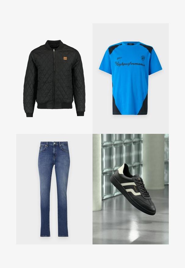 Veste bomber matelassée noire avec fermeture zippée, poignets et ourlet côtelés, et une petite pièce en cuir marron sur la poitrine.; Replay SHORT SLEEVE GRAPHIC - T-shirt imprimé - azzurro; Jean en denim bleu foncé avec une coupe droite, taille mi-haute, poches avant et accents de couture subtils. Texture lisse, décoloration minimale.; Baskets en cuir noir avec des accents blancs et un logo doré, flottant au-dessus d'un sol en béton poli dans un espace intérieur moderne.