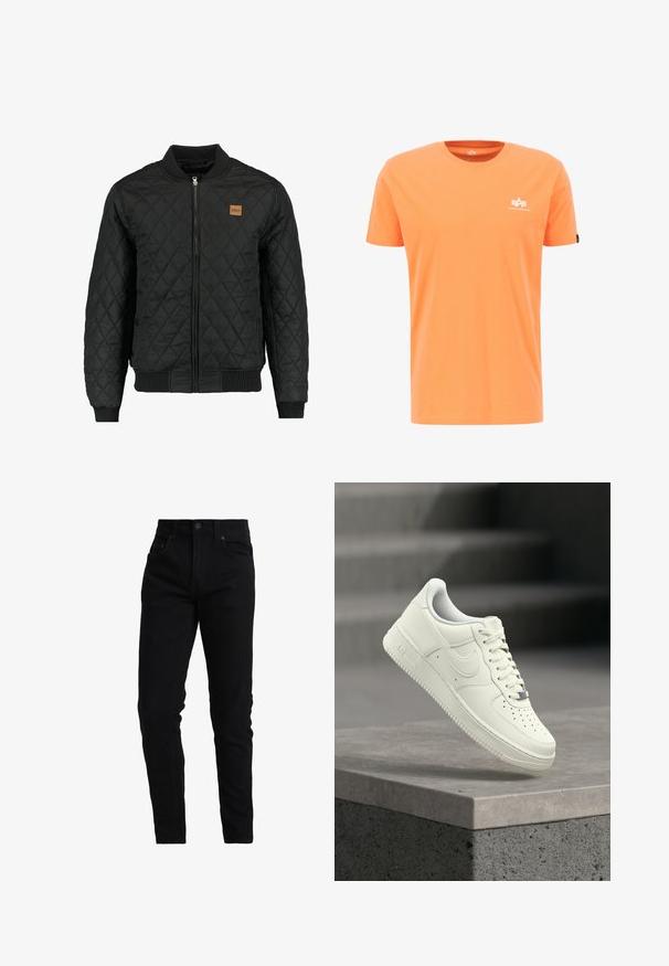 Veste bomber matelassée noire avec fermeture zippée, poignets et ourlet côtelés, et une petite pièce en cuir marron sur la poitrine.; T-shirt en coton orange avec un col rond, des manches courtes et un logo blanc sur la poitrine. Texture lisse, design simple sans motifs.; Jean noir en denim avec une coupe slim, doté d'une taille moyenne, d'un design à cinq poches et de détails de couture subtils. Tissu à texture lisse.; Baskets en cuir blanc au design profilé, surface texturée, perforations sur le bout et accents argentés sur les lacets et le logo.