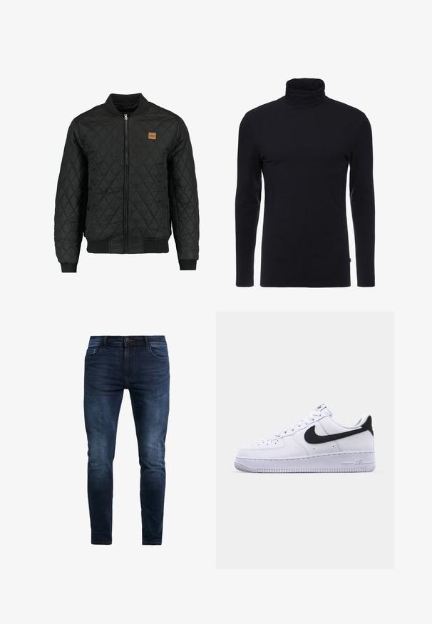 Veste bomber matelassée noire avec fermeture zippée, poignets et ourlet côtelés, et une petite pièce en cuir marron sur la poitrine.; T-shirt noir à manches longues et col roulé en tissu doux et extensible. Présente un design ajusté et une texture lisse. Aucun motif ni accent visible.; Jeans en denim bleu foncé ajustés, avec des détails de couture, un bouton à l'avant et cinq poches pour le rangement.; Sneaker en cuir blanc avec un Swoosh noir texturé, des lacets plats et une semelle en caoutchouc avec un motif strié. "AIR" est embossé sur le talon.