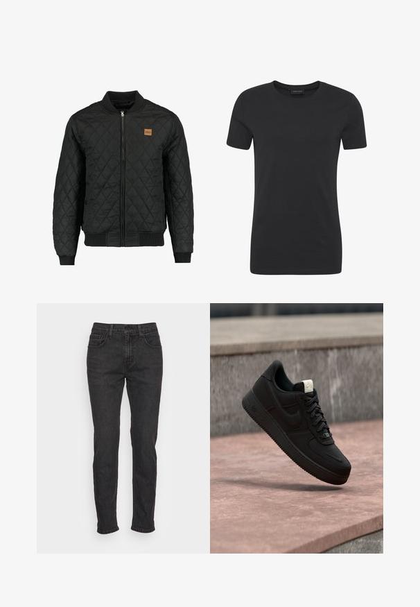 Chaqueta bomber negra acolchada con cierre de cremallera, puños y dobladillo acanalados, y un pequeño parche de logo marrón en el pecho.; Camiseta de algodón negra con cuello redondo, mangas cortas y corte regular. Presenta una textura suave y un diseño minimalista.; Vaqueros de mezclilla negra con un corte ajustado, que cuentan con cinco bolsillos, trabillas para cinturón y detalles de costura sutiles. Textura desgastada a lo largo de la tela.; Zapatilla negra Nike Air Force 1 flotando sobre un borde de hormigón rosa con fondo de piedra gris, mostrando detalles laterales y superiores.