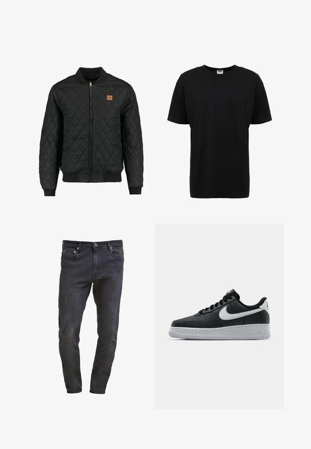 Zwarte gewatteerde bomberjack met een ritsluiting, ribgebreide mouwen en zoom, en een klein bruin logo-opdruk op de borst.; Zwart katoenen T-shirt met ronde hals, korte mouwen, standaard pasvorm, soepele textuur en geen zichtbare patronen of accenten.; Slim-fit zwarte denim jeans met vijf-vakken design, ritssluiting en subtiele wassing. Soepele textuur met een donkere wasfinish.; Zwarte lederen sneaker met een textuur oppervlak, witte Nike swoosh, grijze zool, ronde neus en vetersluiting. Bevat perforaties op de neus.
