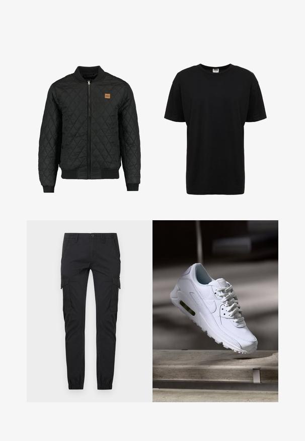 Chaqueta bomber negra acolchada con cierre de cremallera, puños y dobladillo acanalados, y un pequeño parche de logo marrón en el pecho.; Camiseta de algodón negra de cuello redondo con mangas cortas, corte estándar, textura suave y sin patrones o acentos visibles.; Pantalones cargo negros de corte slim con bolsillos frontales, bolsillos con solapa lateral, presillas para cinturón, cierre de botón y puños elásticos en los tobillos.; Zapatilla blanca de piel con superficies texturizadas, cuello acolchado y amortiguación de aire visible en la suela. Presenta cordones y un diseño minimalista.