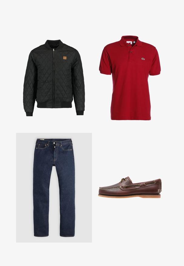 Zwarte gewatteerde bomberjack met een ritsluiting, ribgebreide mouwen en zoom, en een klein bruin logo-opdruk op de borst.; Rode polo shirt van katoen, met een klassieke kraag, korte mouwen, een twee-knopen placket en een klein groen geborduurd logo op de borst.; Donkerblauwe recht gesneden spijkerbroek met knoopsluiting, voor- en achterzakken en contrasterende stiksels, plat gelegd op een lichte achtergrond.; Bruine leren bootschoen met witte stiksels, veterdetails en beige rubberen zool, zijaanzicht op een witte achtergrond.