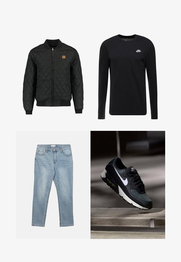 Mustmustatsi musta tikandiga bomber-jakk, millel on tõmbluku sulgemine, soonikkoes mansetid ja alläär ning rindkeres väike pruun logo-patch.; Must have musta T-särk pikkade varrukatega, valmistatud puuvillast, ümar kaelus, ribaga mansetid ja rinnal väike valge Nike logo.; Hele sinised teksapüksid, millel ees kinnitusnupp ja lukk, vööaugud ning viis taskut, laotatud valgele taustale.; Must ja hall Nike Air Max toss valge triibuga, riputatud betoonpinna kohale, uduse tumeda tausta ees.