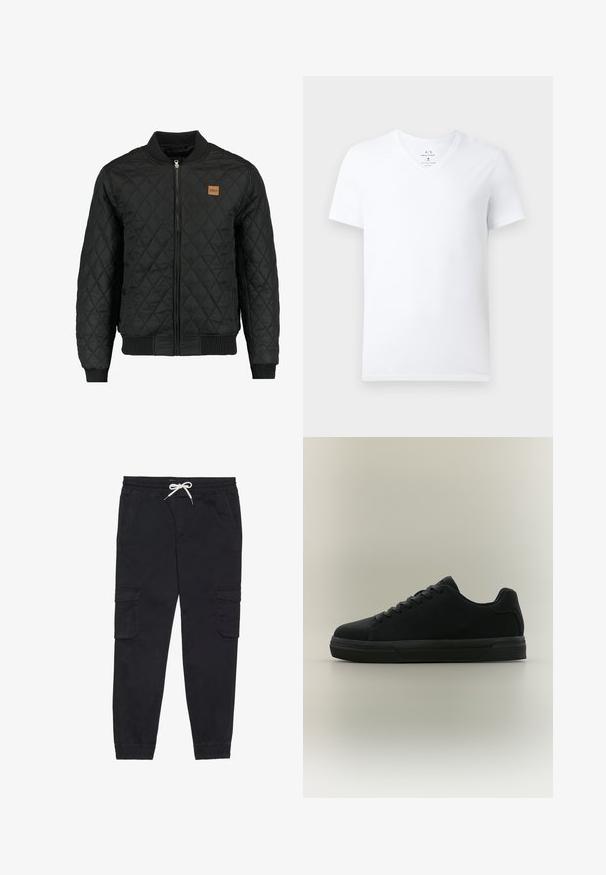 Zwarte gewatteerde bomberjack met een ritsluiting, ribgebreide mouwen en zoom, en een klein bruin logo-opdruk op de borst.; Witte katoenen T-shirt met korte mouwen en V-hals, met het Armani Exchange-label aan de binnenkant van de kraag, weergegeven op een effen achtergrond.; Zwarte cargobroek van katoen, met een elastische tailleband en een trekkoord, zijzakken en toelopende boorden.; Zwarte lage sneaker met veters, rubberen zool en gladde afwerking, zijaanzicht op een neutrale achtergrond.