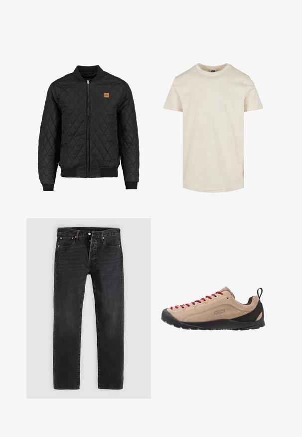 Zwarte gewatteerde bomberjack met een ritsluiting, ribgebreide mouwen en zoom, en een klein bruin logo-opdruk op de borst.; Korte mouwen, ronde hals t-shirt in een lichtbeige kleur. Gemaakt van zachte katoen, heeft een gladde textuur en een rechte zoom.; Zwarte denim jeans met een rechte pasvorm, voorzien van twee voorzakken, een muntenzakje en metalen klinknagels. Klassiek ontwerp met vijf zakken.; Beige suède lage schoenen met rode veters, een zwarte rubberen zool en mesh accenten bij de hak voor ademend vermogen en comfort.