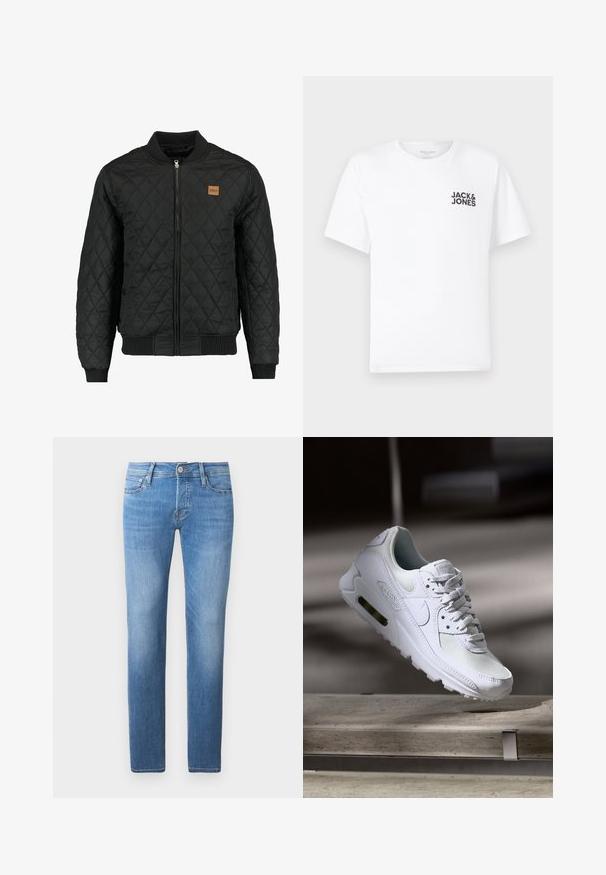 Chaqueta bomber negra acolchada con cierre de cremallera, puños y dobladillo acanalados, y un pequeño parche de logo marrón en el pecho.; Camiseta de algodón blanca, de manga corta, cuello redondo. Presenta el logo de texto en negro "JACK & JONES" en el área del pecho izquierdo. Diseño simple y liso.; Vaqueros de mezclilla azul claro con corte recto, que cuentan con un cierre de botón y cremallera, cinco bolsillos y un desgaste sutil.; Zapatilla Nike Air Max 90 blanca con parte superior de malla y cuero, caja de puntera perforada y unidad de aire visible en el talón.
