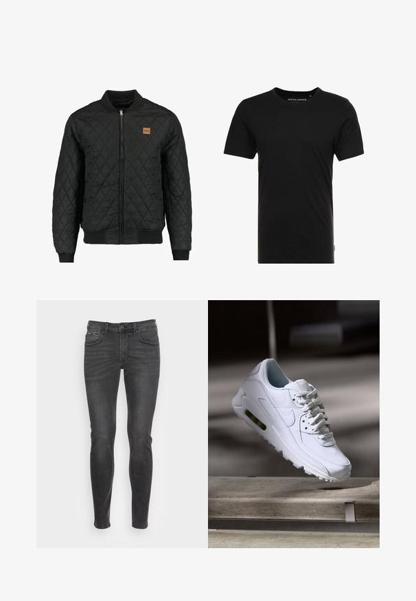 Zwarte gewatteerde bomberjack met een ritsluiting, ribgebreide mouwen en zoom, en een klein bruin logo-opdruk op de borst.; Zwarte T-shirt met korte mouwen, gemaakt van katoen, met een ronde hals en een subtiele logotag aan de zijkant. Eenvoudig en veelzijdig ontwerp.; Slim-fit zwarte jeans met een gladde textuur, voorzien van een klassieke vijf-pocket stijl en subtiele vervaging aan de voorkant.; Witte leren sneaker met gestructureerde oppervlakken, gevoerde kraag en zichtbare luchtbescherming in de zool. Heeft veters en een minimalistisch ontwerp.