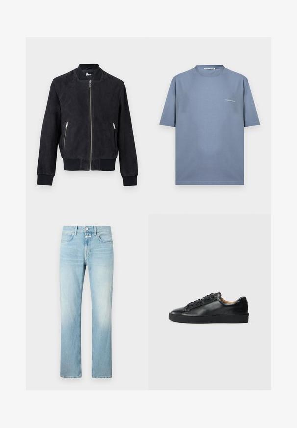 Blouson aviateur en daim noir avec fermeture éclair frontale, poches latérales zippées, col, poignets et ourlet côtelés, marqué à l'intérieur du col.; T-shirt bleu à manches courtes avec col rond, logo "Tiger of Sweden" imprimé en petits caractères blancs sur le côté gauche de la poitrine.; Jean en denim bleu clair avec une coupe droite, doté d'un design classique à cinq poches et d'une fermeture à bouton.; Baskets en cuir noir avec une texture lisse, bout rond et fermeture à lacets. Comprend une semelle en caoutchouc épaisse et un minimum de détails de marque.