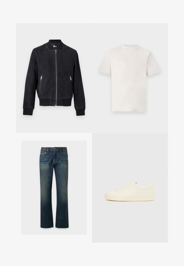 Blouson aviateur en daim noir avec fermeture éclair frontale, poches latérales zippées, col, poignets et ourlet côtelés, marqué à l'intérieur du col.; T-shirt blanc uni à manches courtes et col rond, présenté à plat sur un fond blanc.; Jean en denim bleu à coupe droite avec cinq poches et des détails subtilement délavés sur les cuisses et les genoux, présenté sur un fond uni.; Baskets couleur crème avec une tige en cuir lisse, bout arrondi, laçage à l'avant et semelle en caoutchouc texturée. Design minimaliste, sans logo.