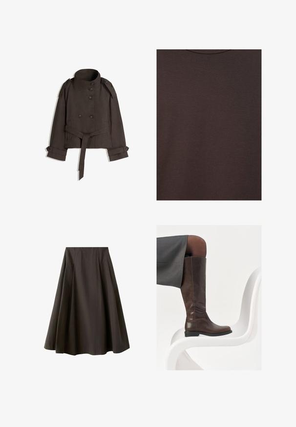 Brun cropped trenchcoat med høj krave, dobbeltknappet lukning, bælte i taljen og knapper ved ærmerne. Glat stof med minimal tekstur.; Mørkebrun t-shirt med rund hals lavet af blødt strikket stof med fin ribstruktur.; Sort A-formet nederdel med høj talje og vid nederste kant, lavet af glat stof, vist mod en hvid baggrund.; Brun læder knæhøj støvle med afrundet tå, glat tekstur og minimale syningsdetaljer, sat mod en lys baggrund på en hvid stol.