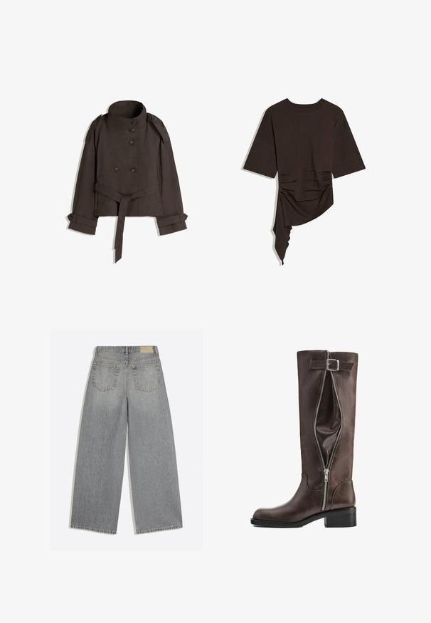 Trench-coat marron coupé court avec col montant, fermeture à double boutonnage, ceinture à la taille et poignets boutonnés. Tissu lisse avec une texture minimale.; Haut à manches courtes de couleur marron foncé avec encolure ronde et ourlet drapé asymétrique sur un côté.; Jean en denim gris à jambes larges montrant l'arrière avec deux poches et des passants de ceinture, posé à plat sur fond blanc.; Botte haute en cuir marron foncé avec une fermeture éclair latérale partiellement ouverte et une sangle décorative à boucle près du haut.