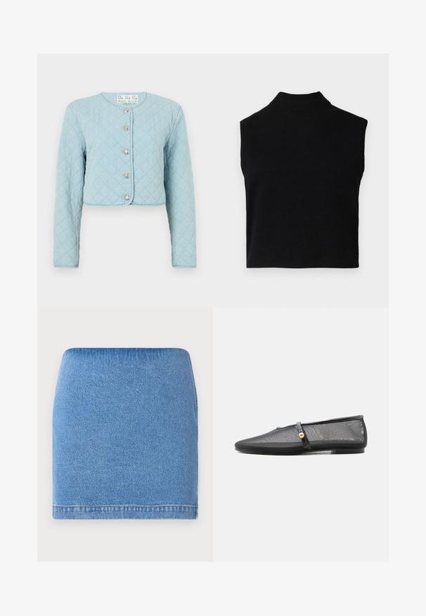 Lysblå quiltet cropped jakke med lange ærmer, der har rund halsudskæring og fem skinnende knaplukninger foran.; Sort ærmeløs turtleneck-top med en tætsiddende pasform, lavet af blødt stof, med en ribbet halsudskæring og en glat overflade.; Lysblå denim mini nederdel med en tætsiddende pasform, lige kant og subtil tekstur. Ingen synlige lukninger eller lommer.; Sort flad sko med lav hæl, mesh-overdel og tynd rem med guldknapdetalje over fodens vrist.